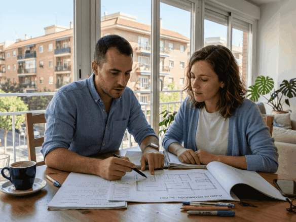 Una pareja analiza juntos los planos de su nuevo piso en el salón.