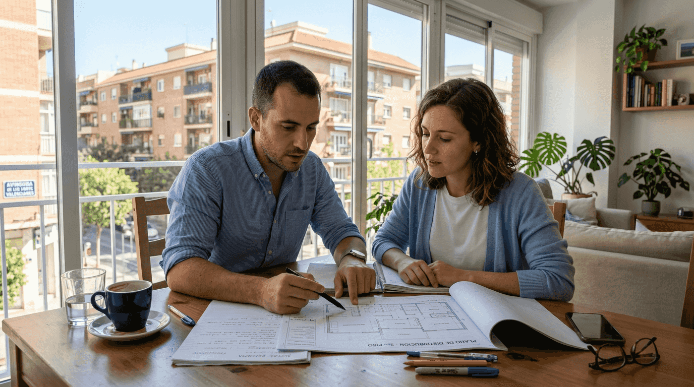 Una pareja analiza juntos los planos de su nuevo piso en el salón.