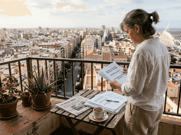 Comercial repasando papeles en el balcón típico de Valencia