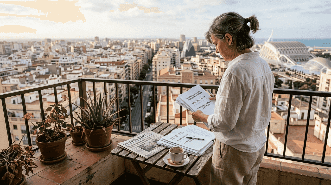 Comercial repasando papeles en el balcón típico de Valencia