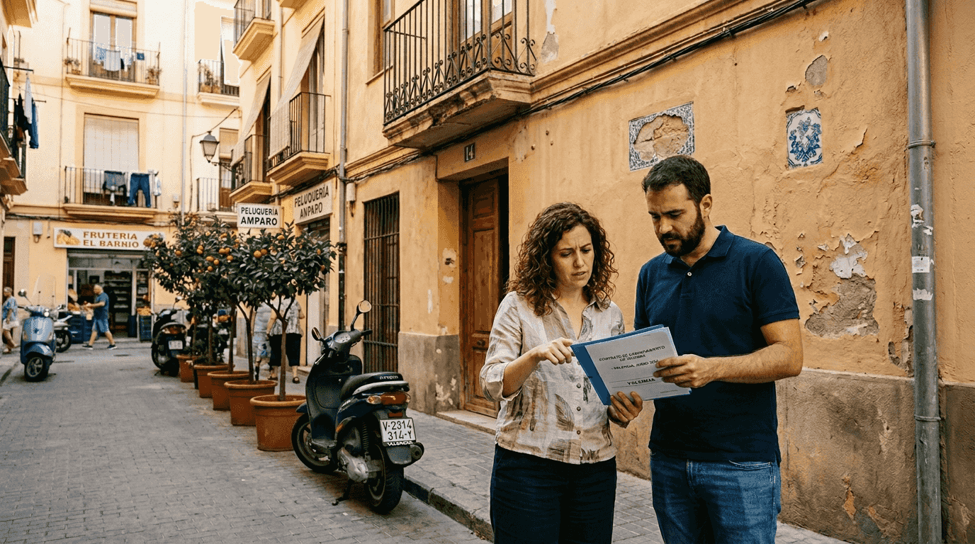 Una pareja revisa papeles sentada en el porche de una casa típica valenciana.
