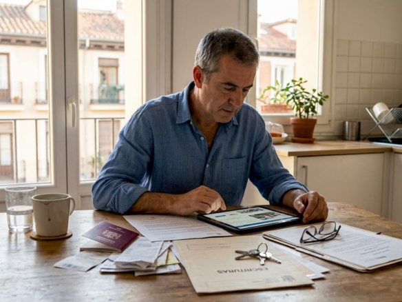 Extranjero revisando papeles antes de comprar una vivienda