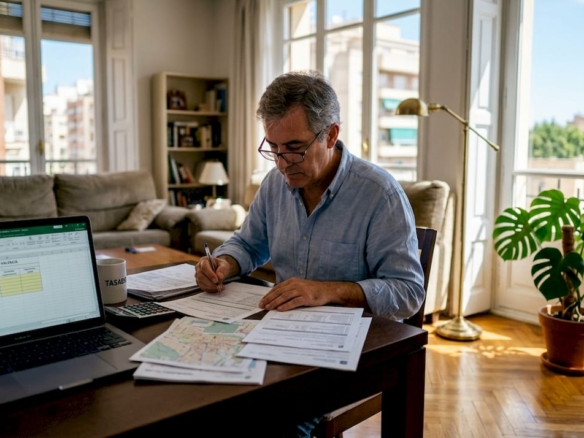 El tasador está evaluando el valor de la vivienda mientras revisa cada detalle del salón.