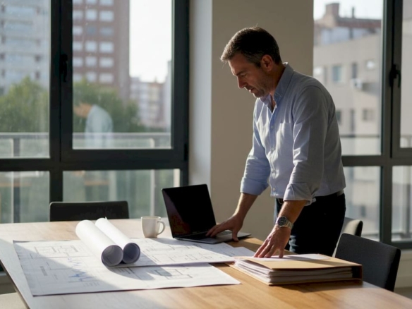 Un hombre analiza los planos de una casa sobre la mesa.