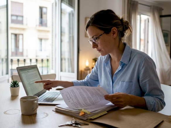 Mujer revisando papeles relacionados con la compra o alquiler de una vivienda