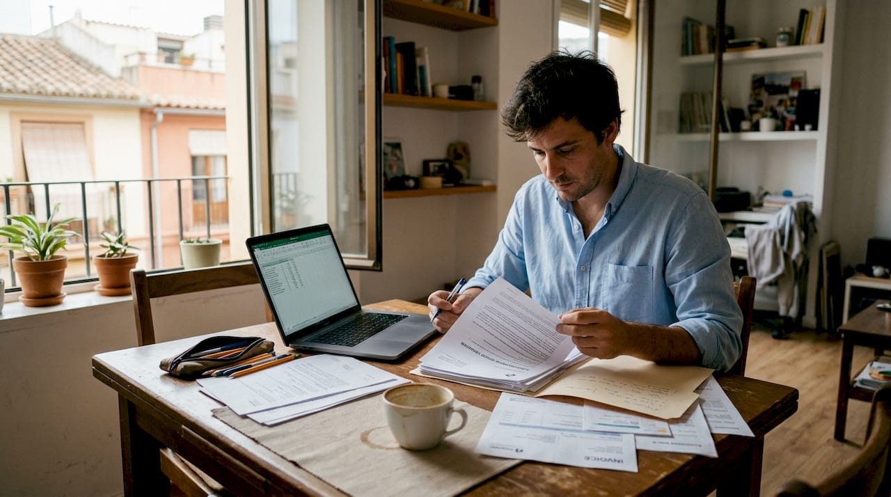 Hombre revisando papeles relacionados con la compra o alquiler de una vivienda