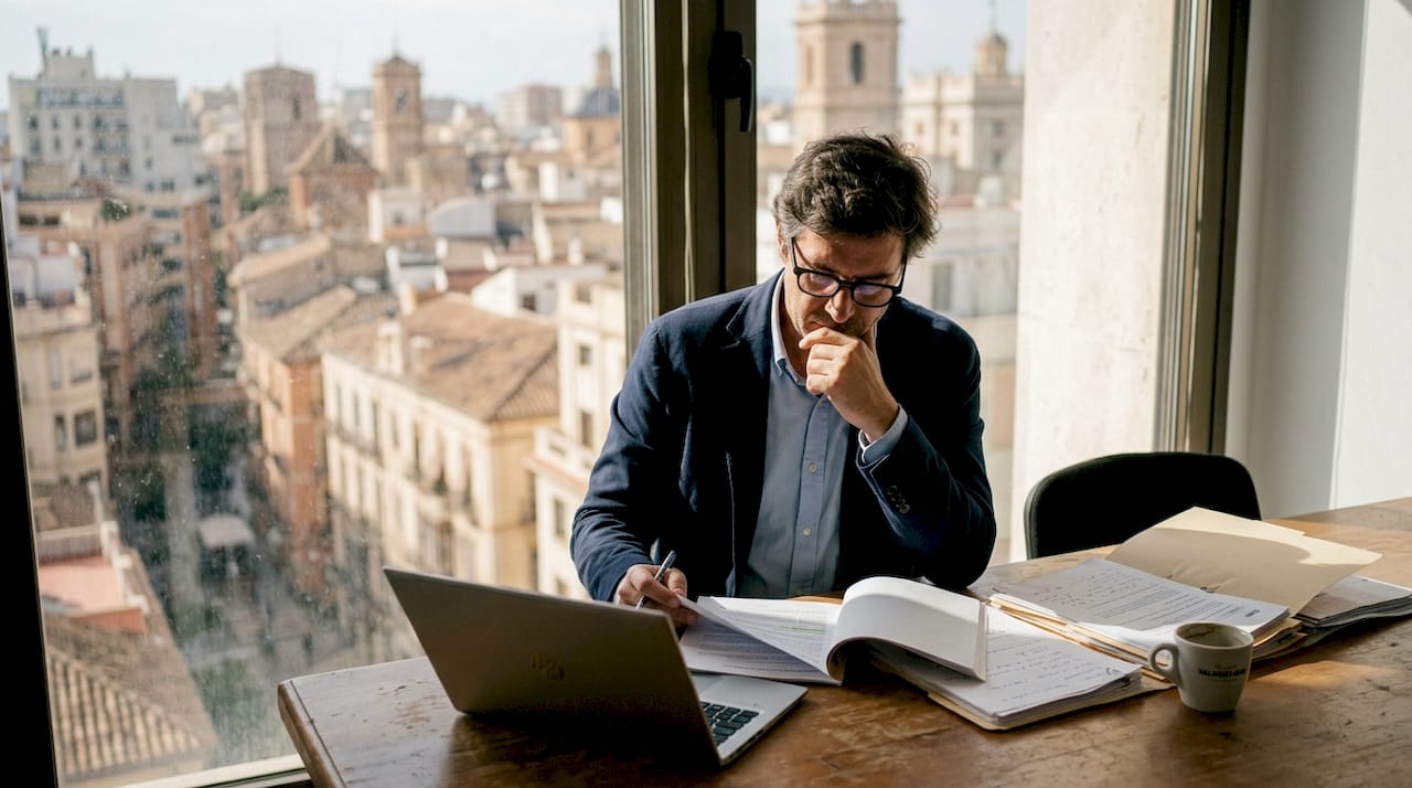 Asesor inmobiliario revisando documentación en su despacho en Valencia.