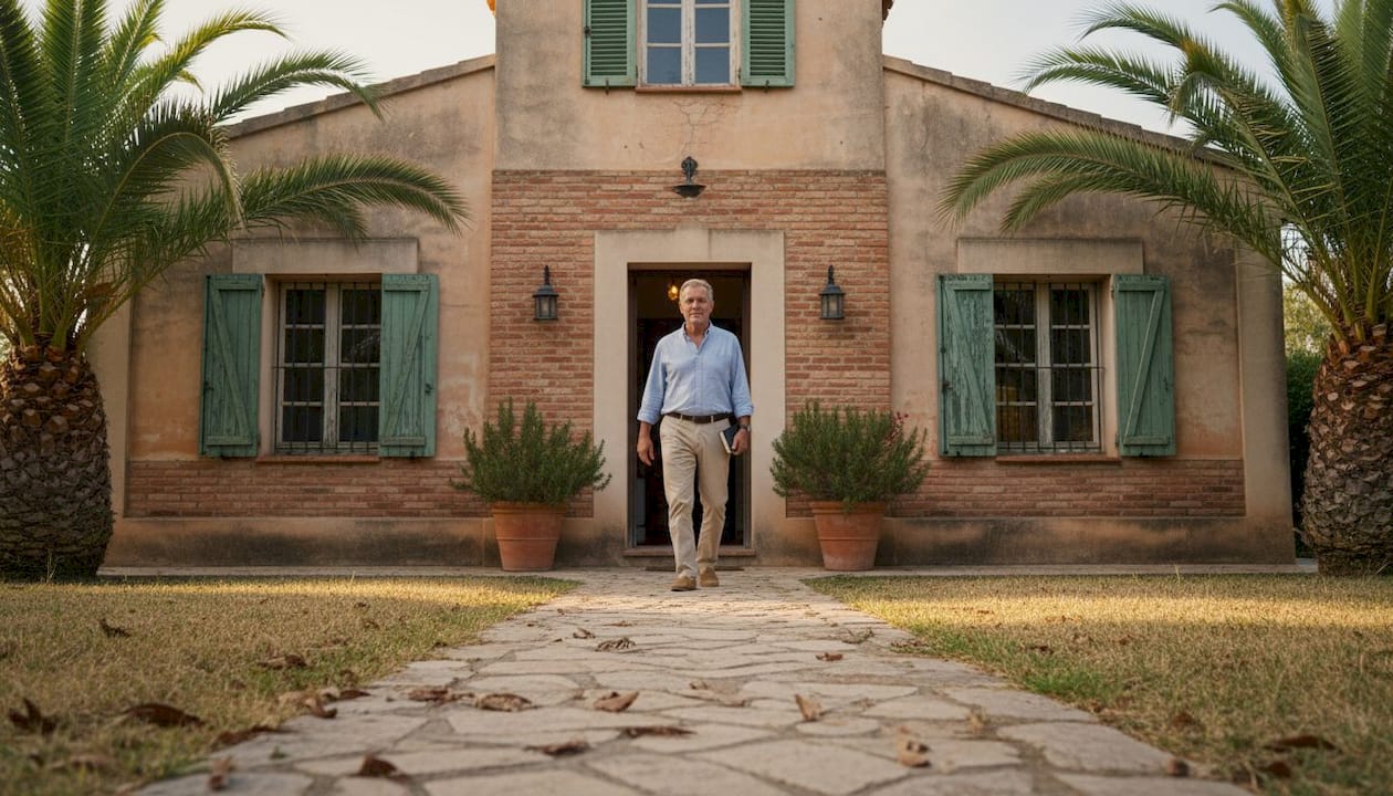 El dueño accediendo a su chalet de estilo mediterráneo