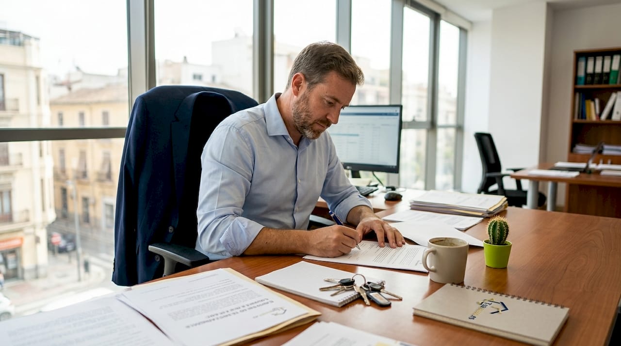Agente inmobiliario revisando documentación de contratos en Valencia