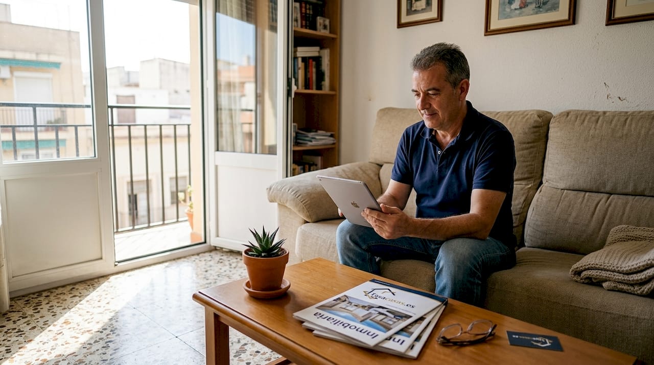 Propietario de un piso revisando las diferentes opciones para vender su vivienda.