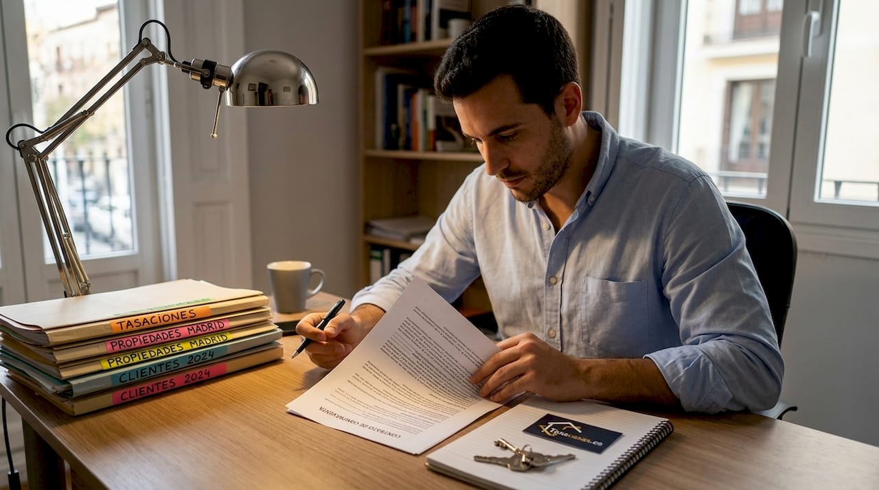 Agente inmobiliario analizando un contrato en su despacho