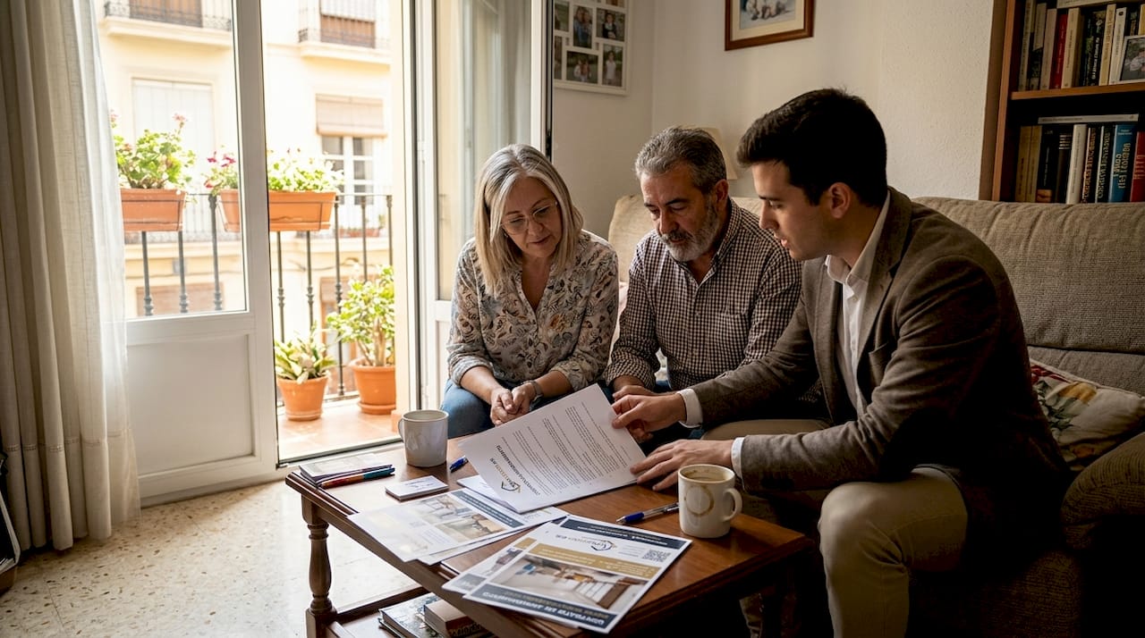 Una pareja consulta papeles importantes junto a su asesor inmobiliario.