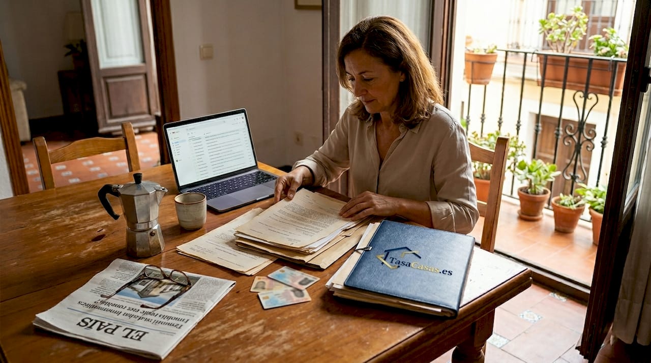 Organizando la documentación de la venta de la casa en la mesa del salón
