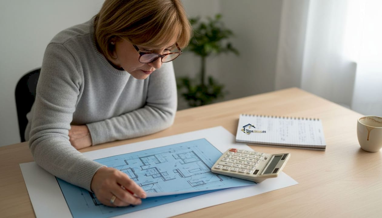 Arquitecta revisando los planos de una vivienda en su despacho