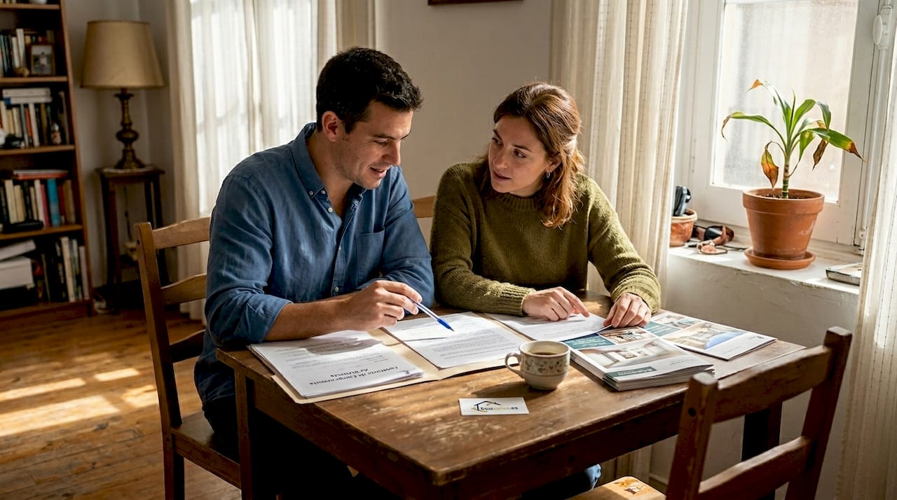 Pareja revisando los papeles para comprar su casa