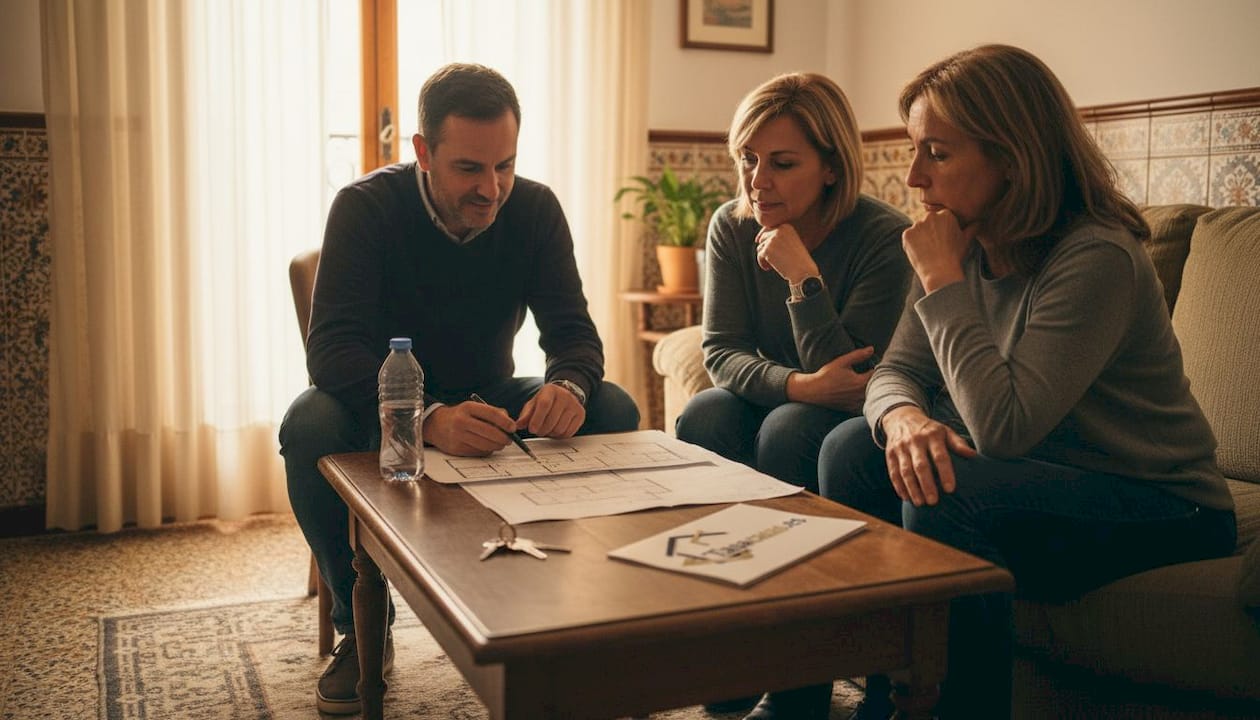 Un agente inmobiliario se reúne con posibles compradores en un piso español para mostrarles la vivienda y resolver sus dudas.