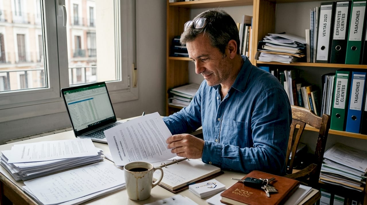 Profesional revisando documentación legal desde su oficina en casa