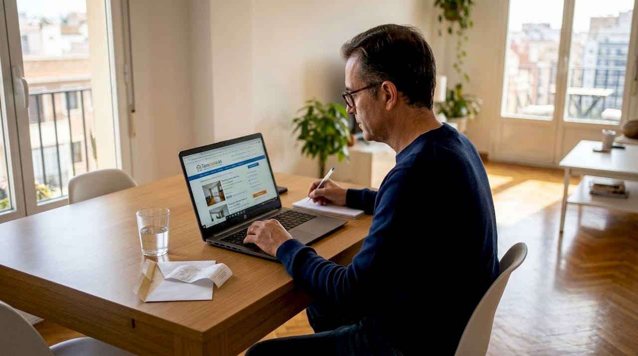 Hombre comparando precios de viviendas mientras revisa información en la mesa de la cocina.