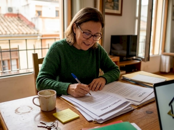 Mujer revisando la documentación para vender su piso