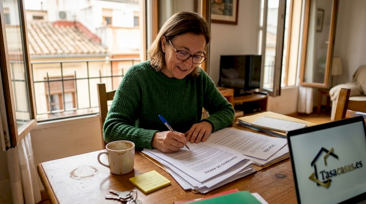Mujer revisando la documentación para vender su piso