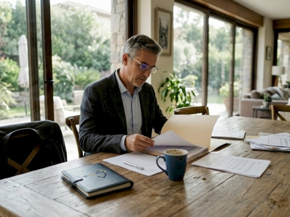 Directivo analizando documentación para la compra de una vivienda de alto standing