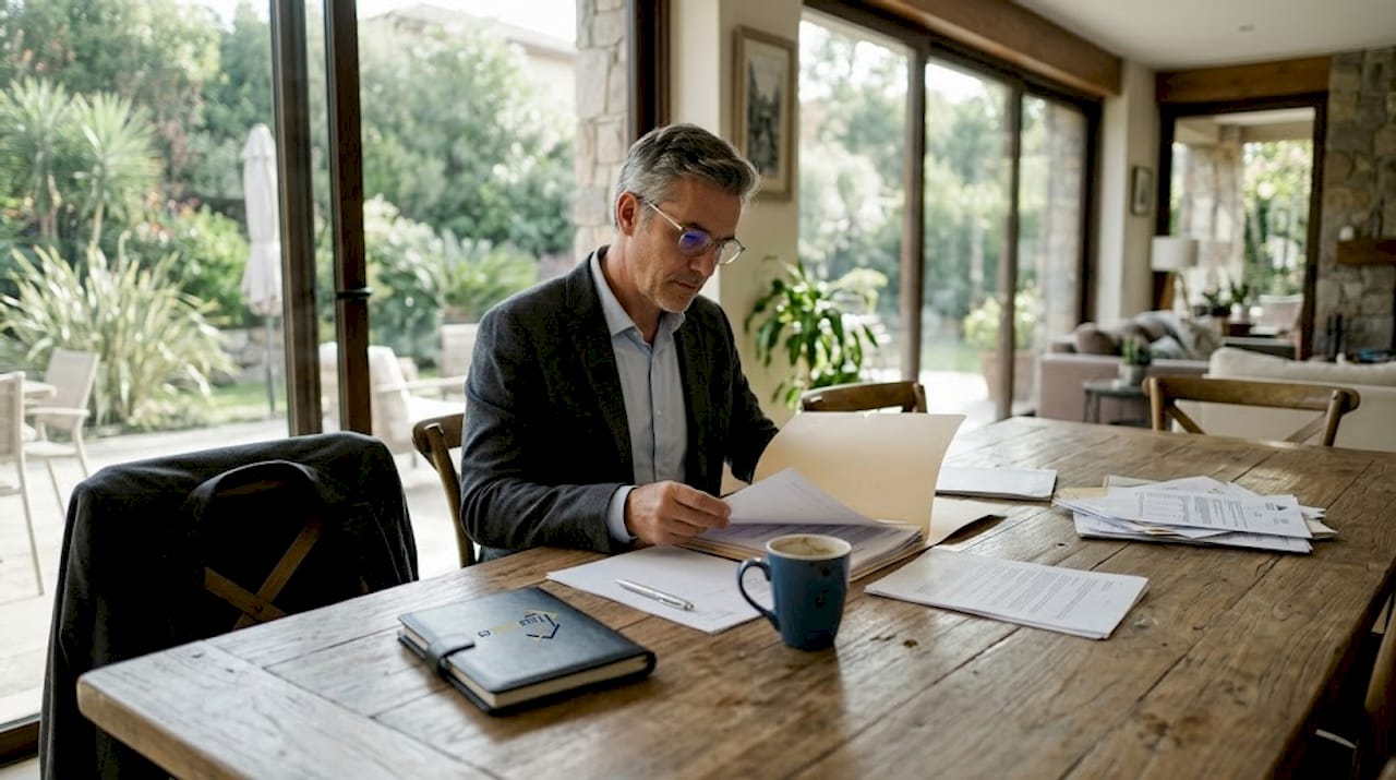 Directivo analizando documentación para la compra de una vivienda de alto standing