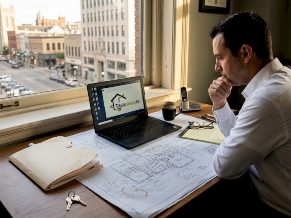 Un asesor inmobiliario analiza los planos de un proyecto en su despacho del centro de la ciudad.