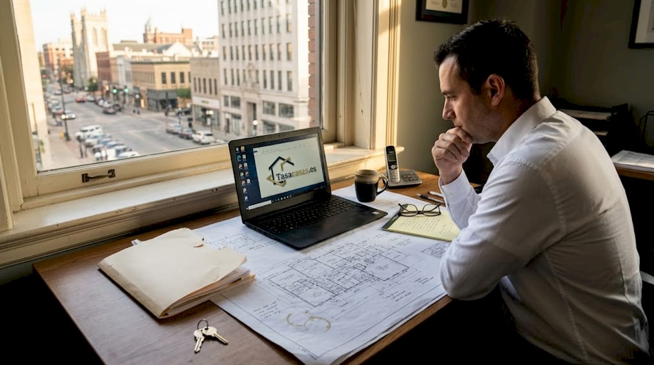 Un asesor inmobiliario analiza los planos de un proyecto en su despacho del centro de la ciudad.