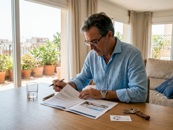 Un hombre analiza unos documentos sentado en un elegante salón.