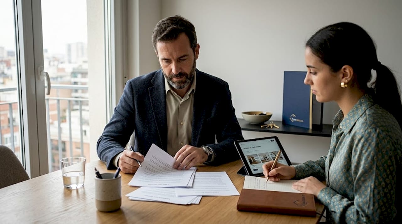 Asesor revisando papeles junto al cliente en el local