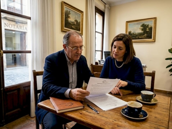 Pareja revisando juntos la documentación antes de firmar la compra de su nueva casa