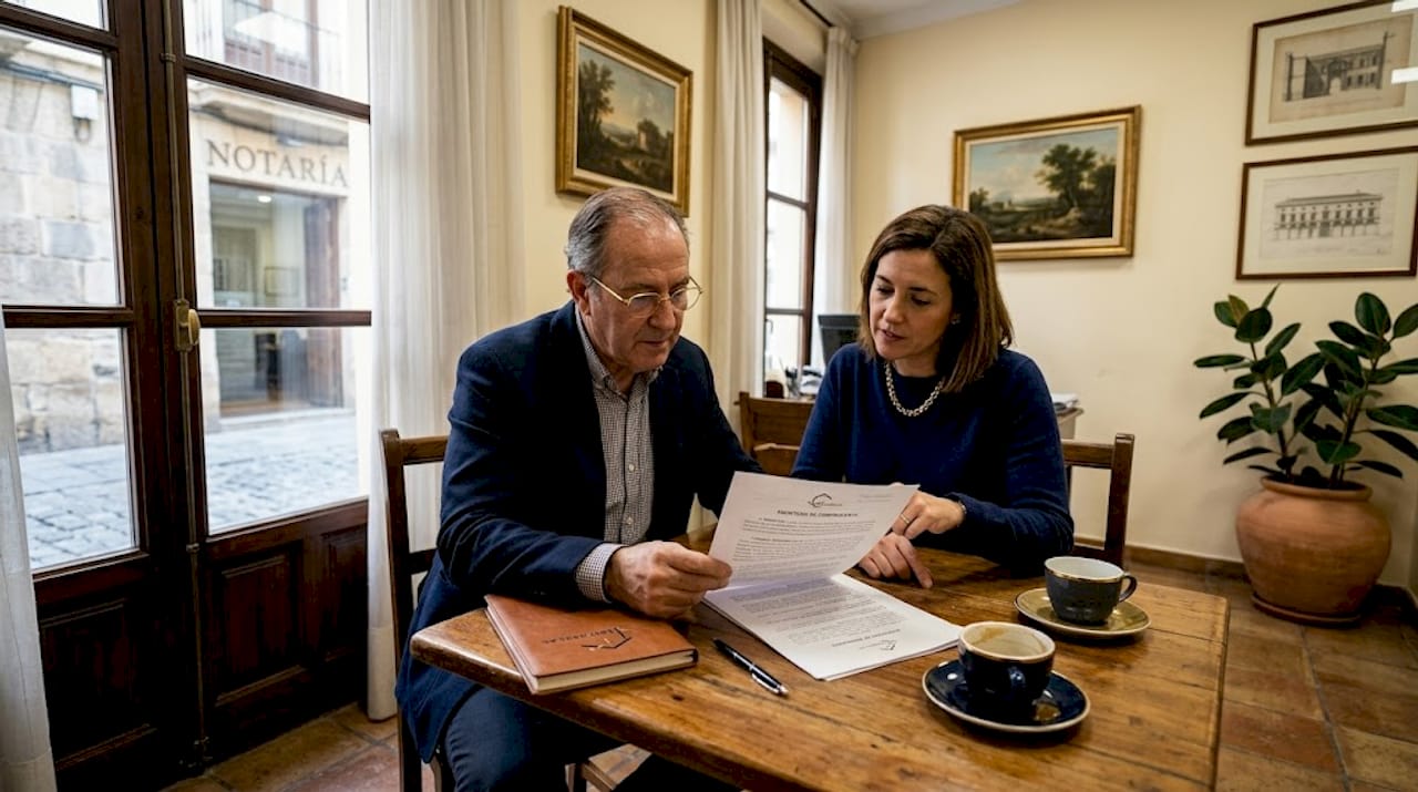 Pareja revisando juntos la documentación antes de firmar la compra de su nueva casa