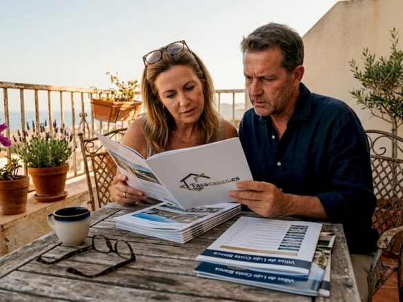 Una pareja observa diferentes opciones de vivienda desde la terraza de un apartamento junto al mar.