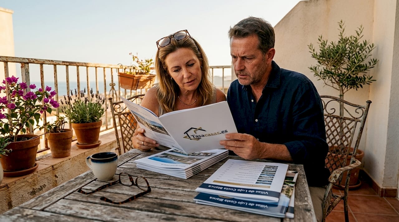 Una pareja observa diferentes opciones de vivienda desde la terraza de un apartamento junto al mar.