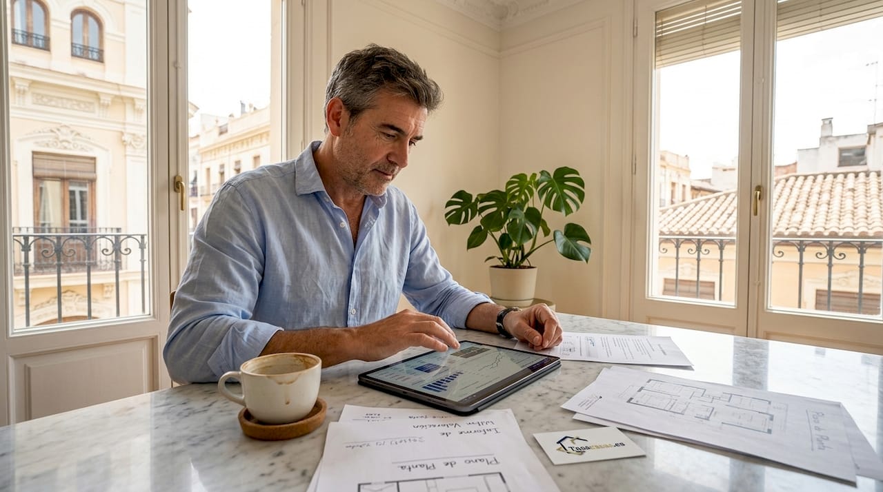 Inversor analizando su portafolio de propiedades desde la comodidad de su salón