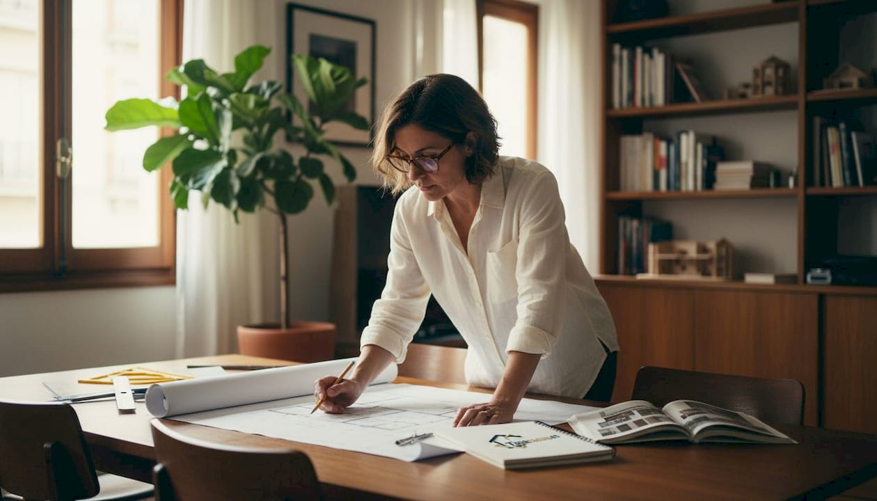 Una arquitecta revisa cuidadosamente los planos sobre la mesa del comedor en una vivienda típica valenciana.