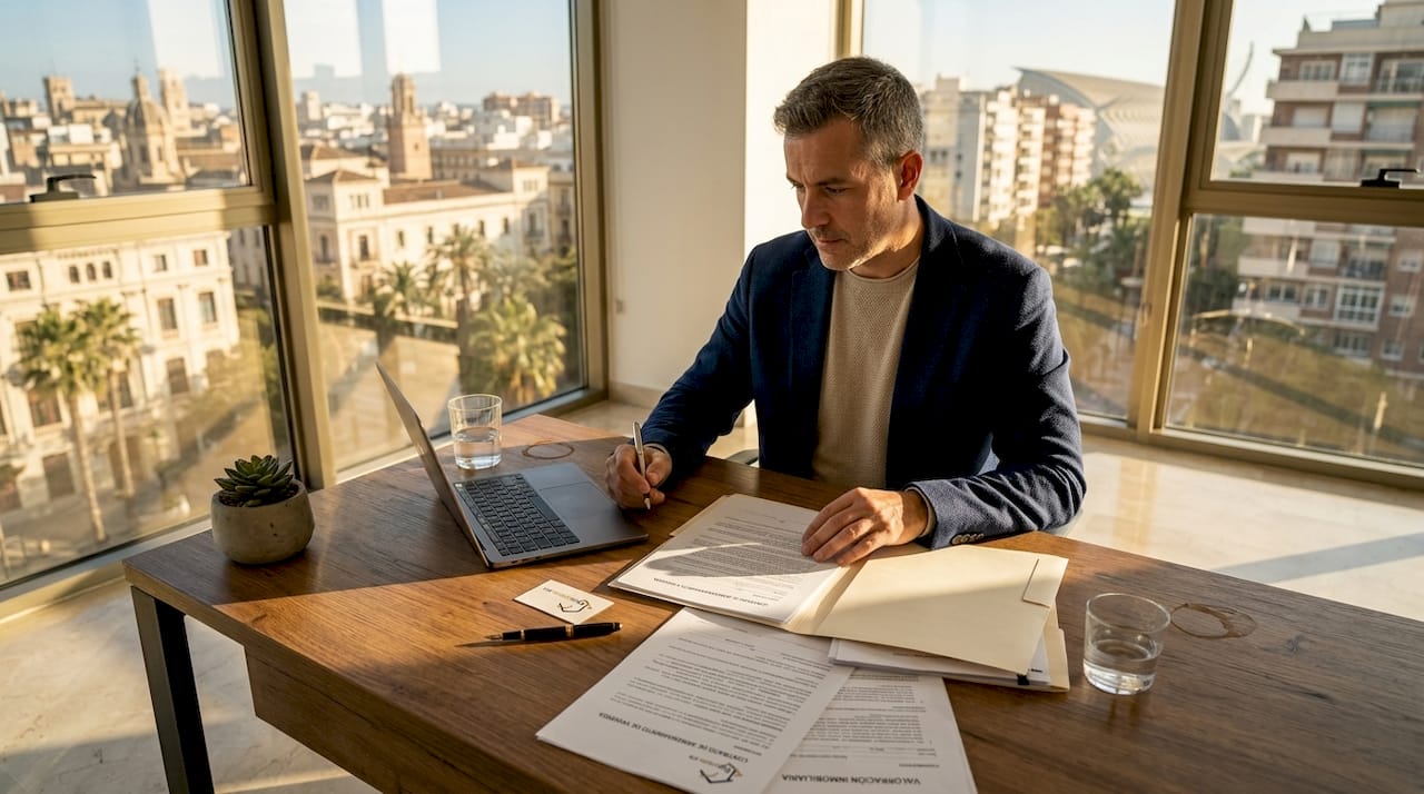 Agente inmobiliario revisando documentación y contratos en su despacho