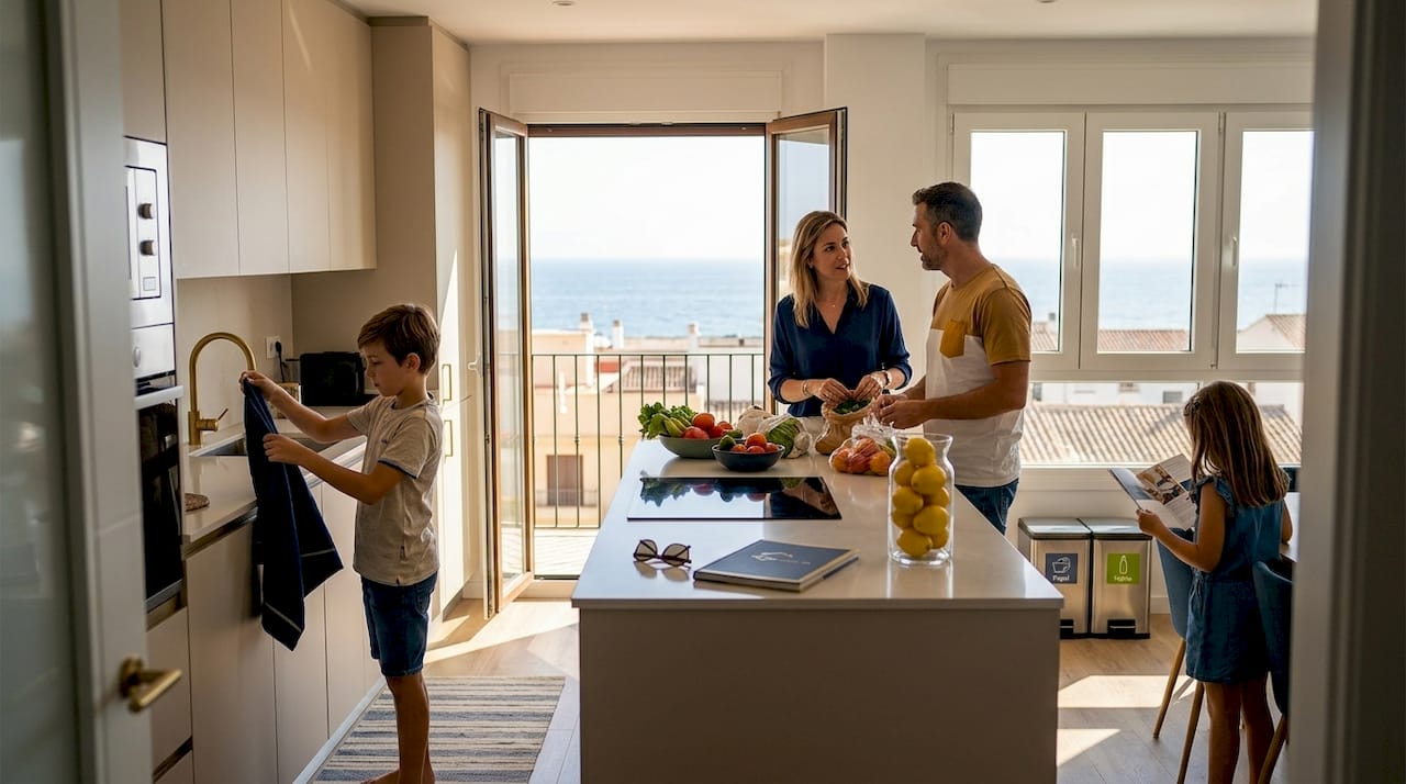 Una familia coloca la compra en la cocina, iluminada por la luz del sol, mientras disfrutan de sus vacaciones.