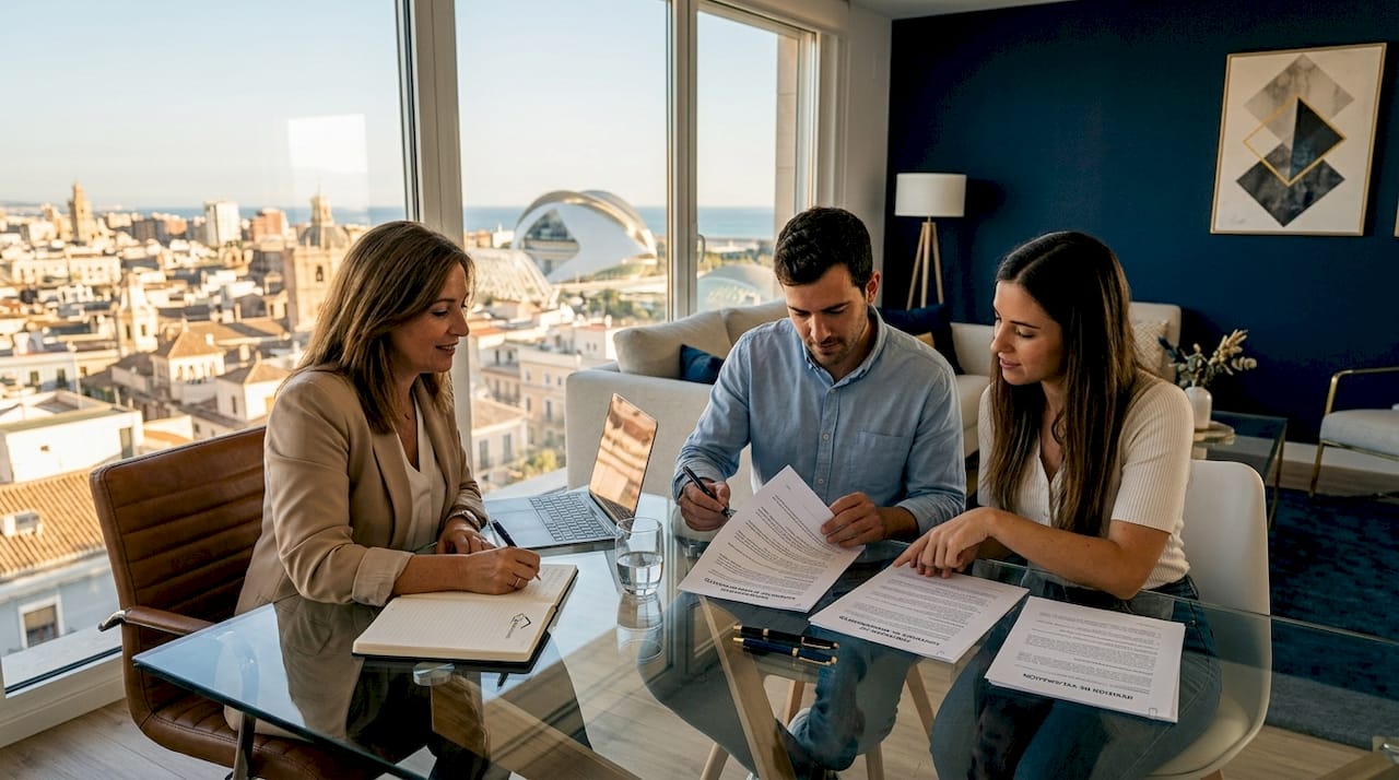 Asesor inmobiliario repasando la documentación junto a sus clientes