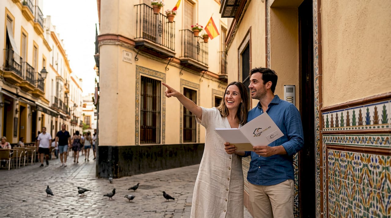 Compradores revisando la documentación en la entrada del piso