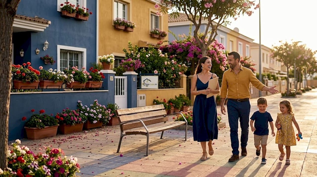 Una familia pasea por un barrio residencial, recorriendo sus calles y observando las casas y el ambiente de la zona.