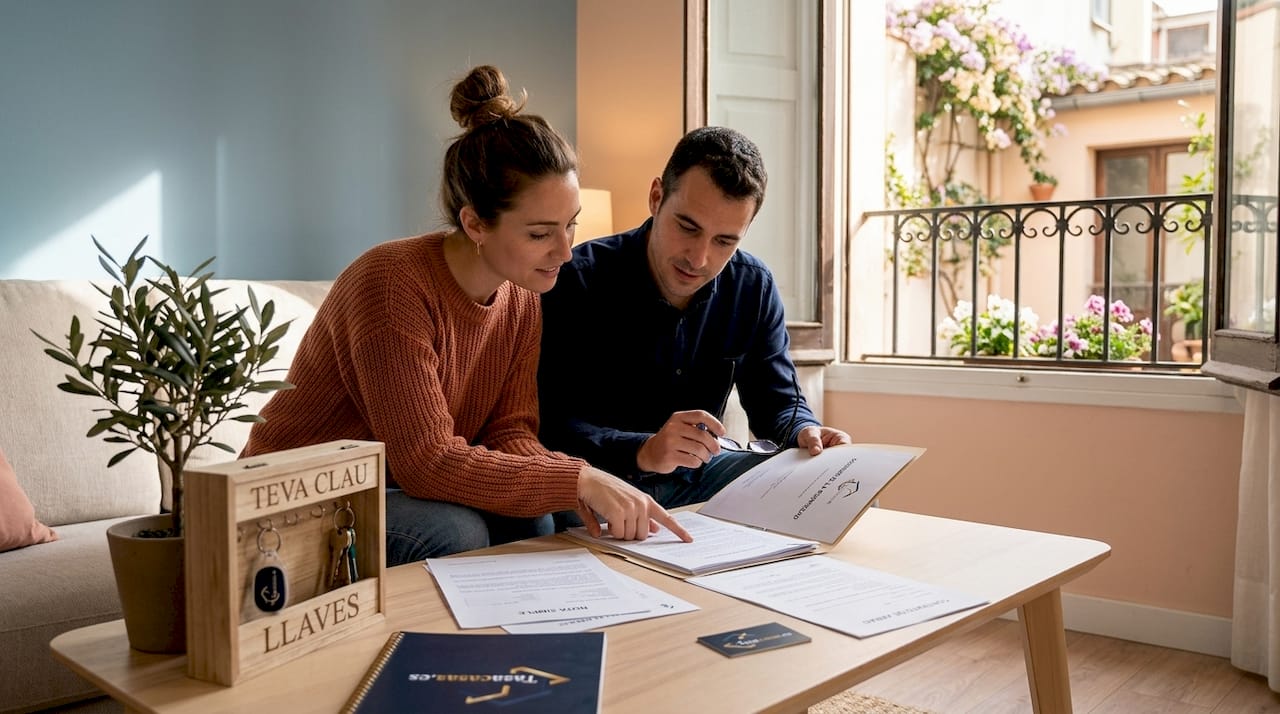 Pareja revisando la documentación de la compra de su vivienda desde casa