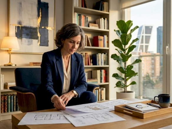 Una mujer examina planos en un elegante salón con impresionantes vistas al exterior.