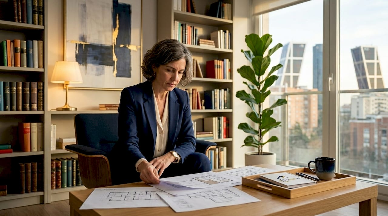 Una mujer examina planos en un elegante salón con impresionantes vistas al exterior.