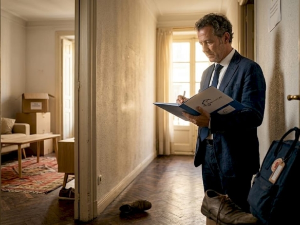 Perito examinando los planos de una vivienda en una ciudad española