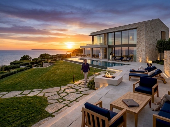 Fachada de una exclusiva residencia de lujo iluminada por el atardecer