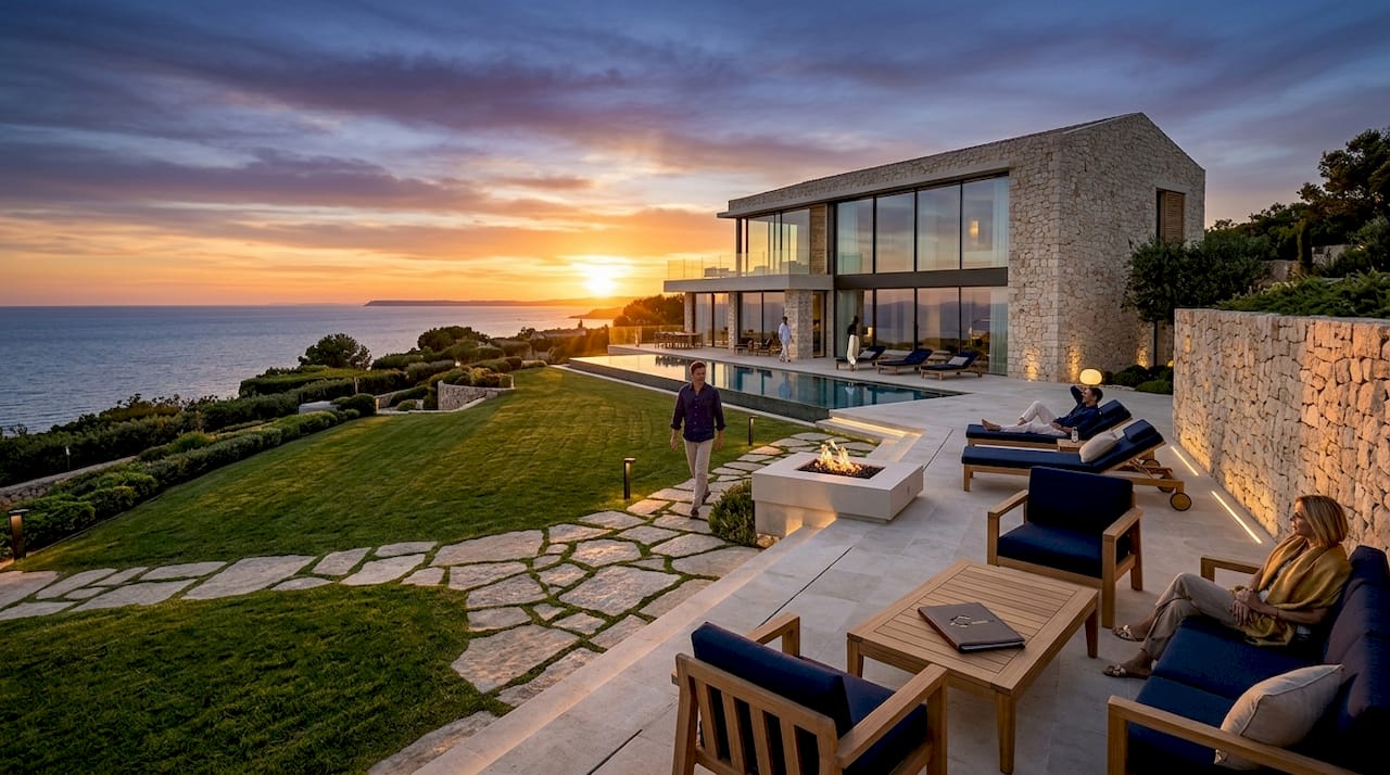Fachada de una exclusiva residencia de lujo iluminada por el atardecer