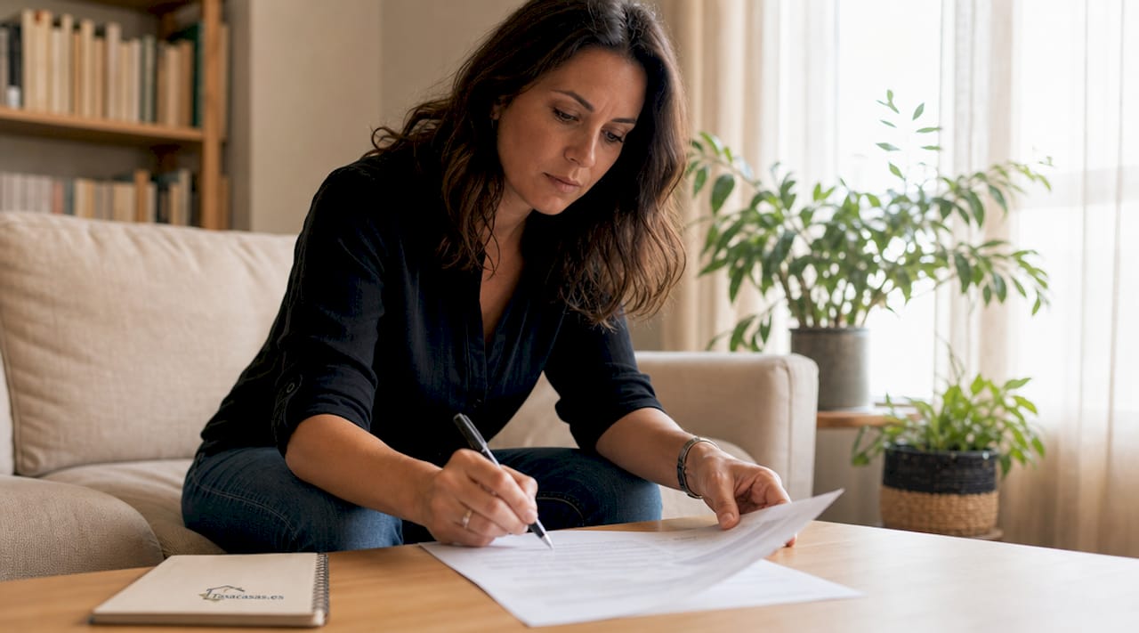 Mujer revisando los papeles para la compra de una vivienda de protección oficial