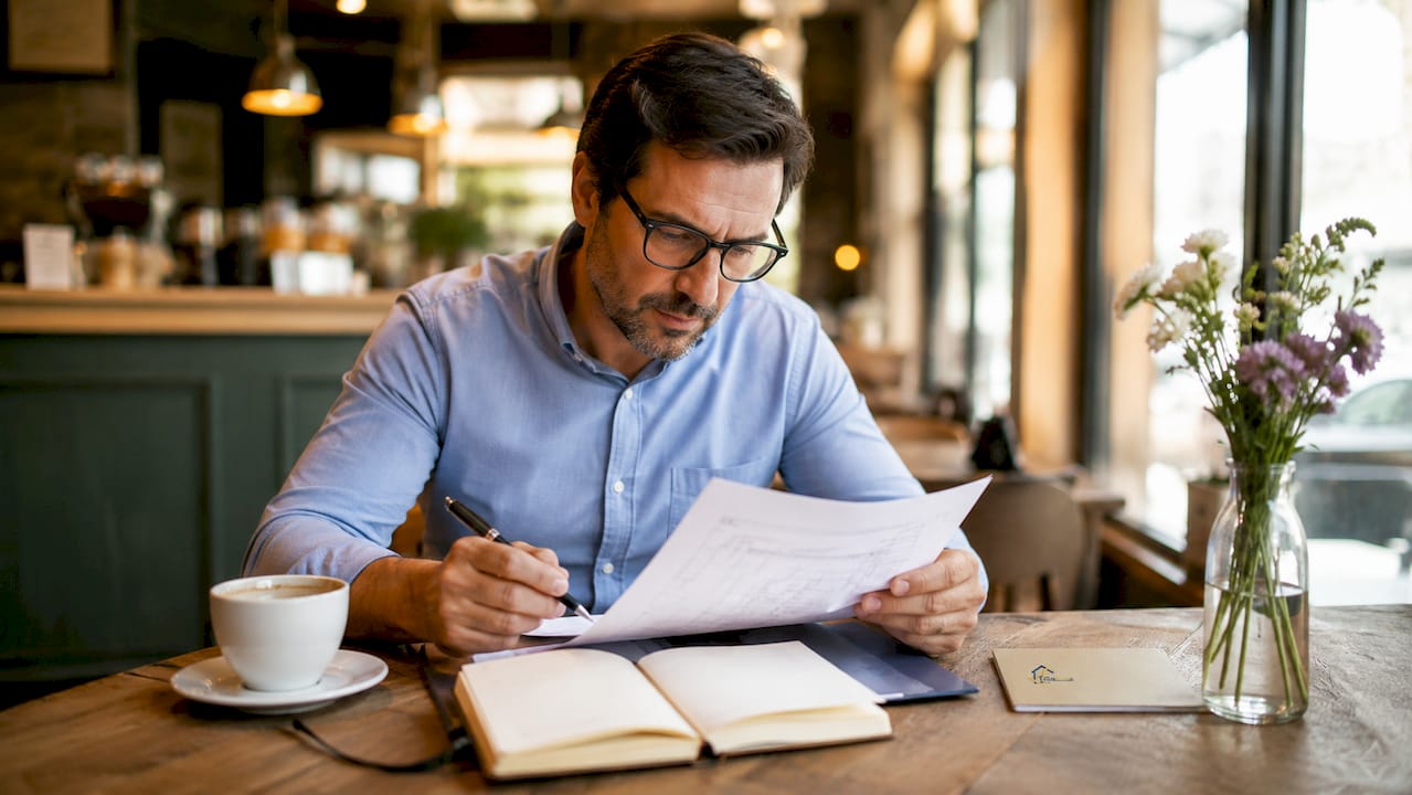 Tasador revisando el informe de una propiedad en su escritorio