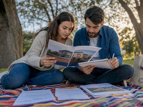 Pareja revisando los papeles para comprar su nueva vivienda en el salón de su piso